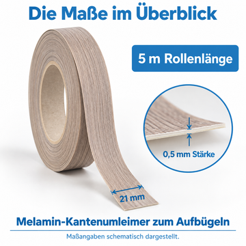 Melaminkantenumleimer mit Schmelzkleber (zum aufbügeln) | Länge 5m | 21 o. 40 mm breit - 0