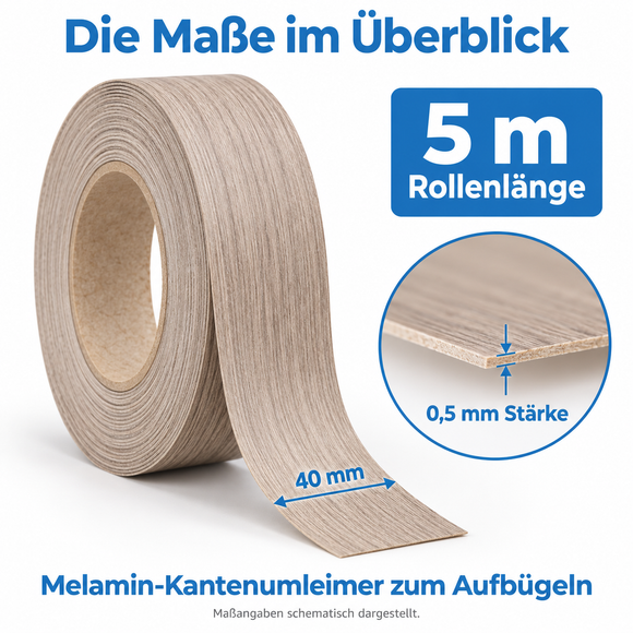 Melaminkantenumleimer mit Schmelzkleber (zum aufbügeln) | Länge 5m | 21 o. 40 mm breit