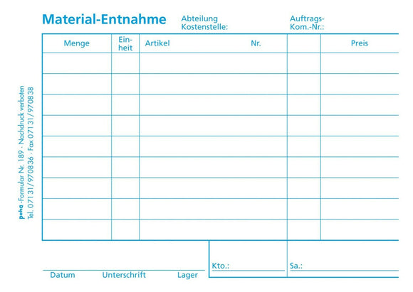 Formular Material-Entnahmeschein A6 quer | 100 Blatt mit Blaupapier